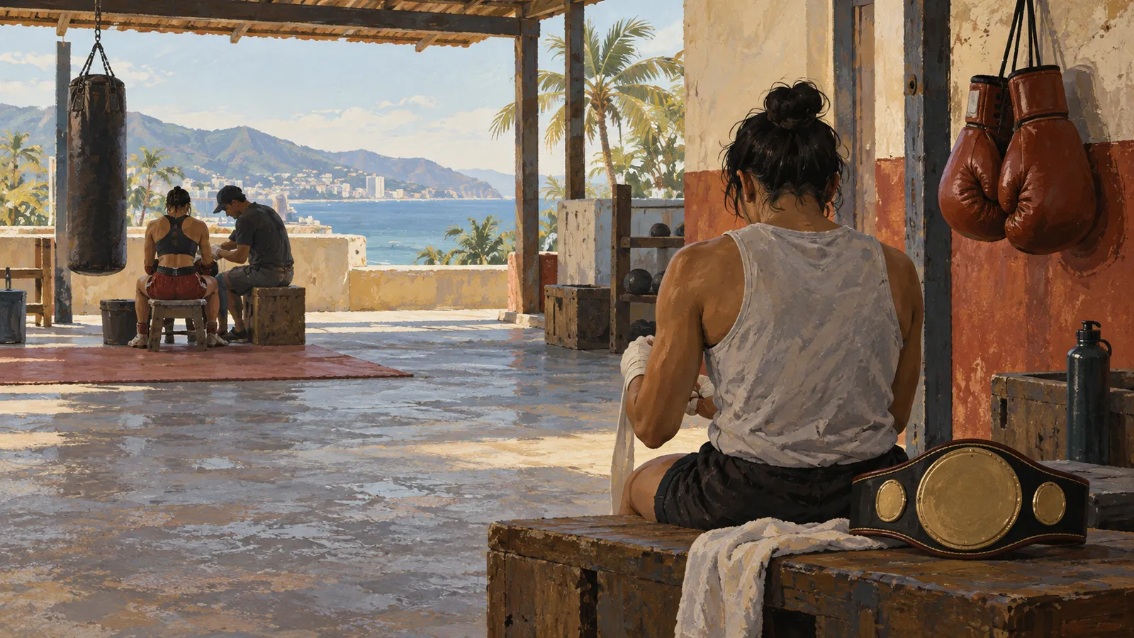 A boxer wraps her hands beside a gold belt in an open-air gym overlooking the sea. Two people sit near a punching bag in the background, and gloves hang on the wall. SI illustration