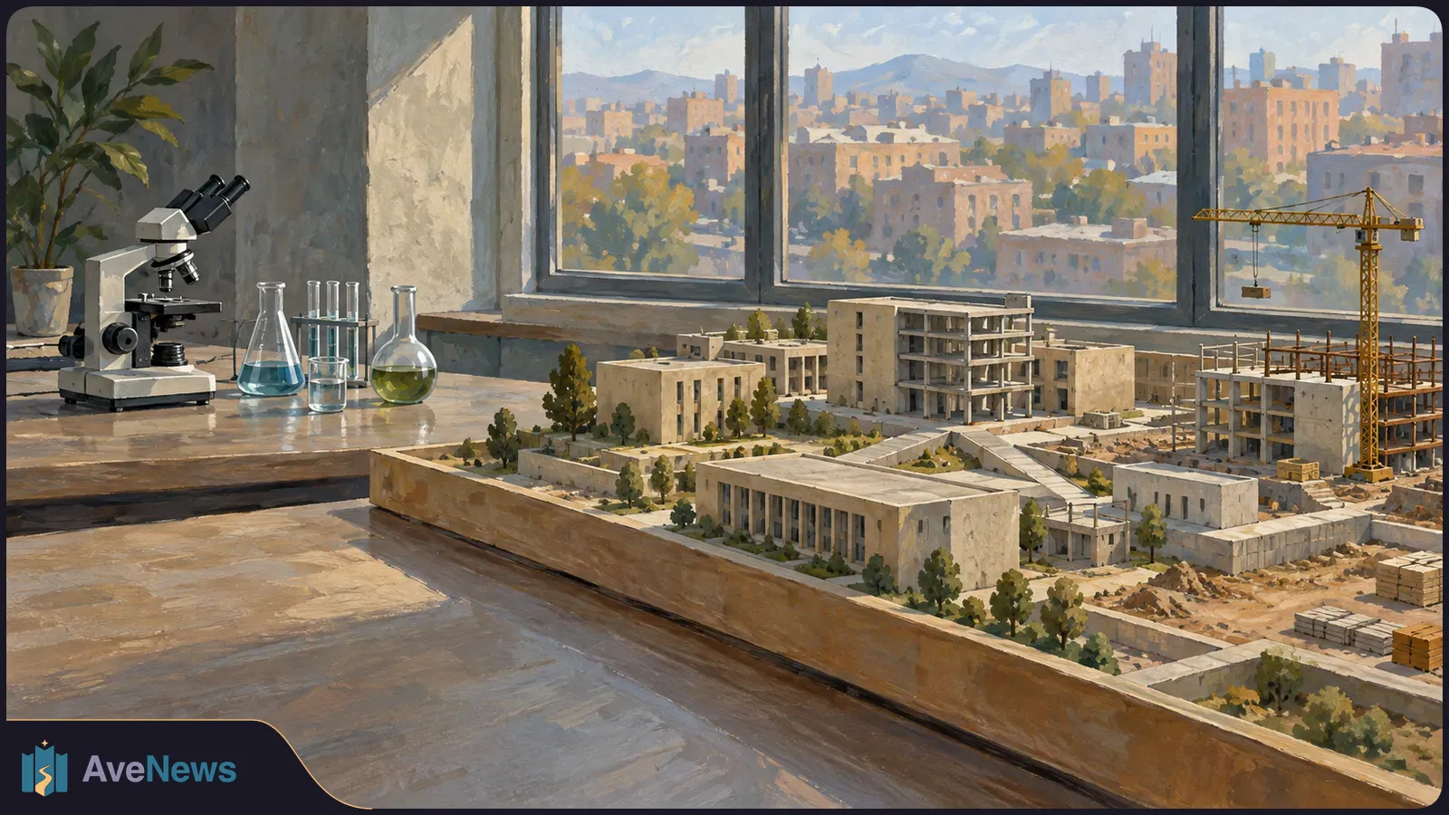 Painted scene of a microscope and laboratory glassware beside a tabletop model of buildings under construction, with a crane and city skyline beyond the window. SI illustration