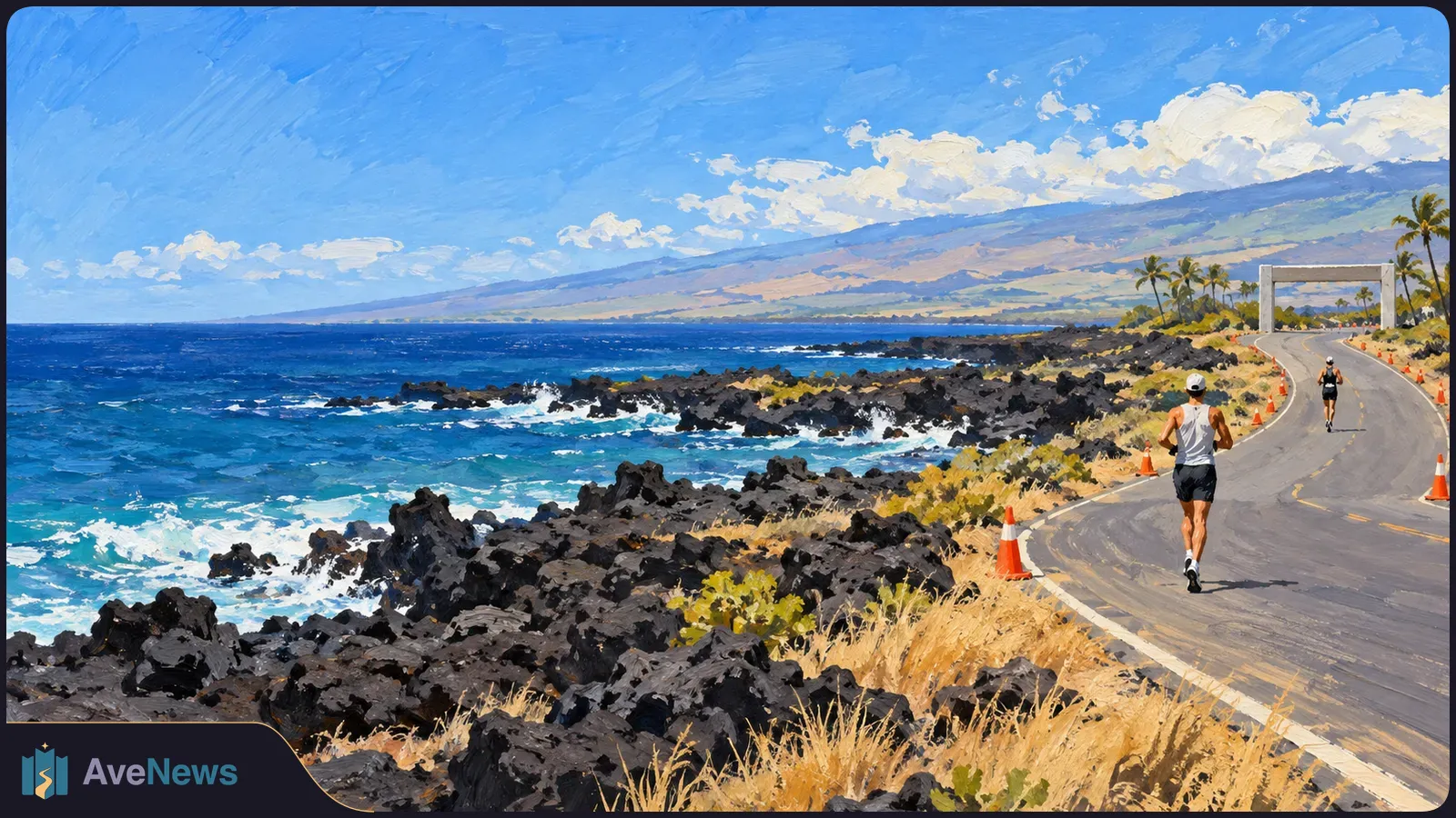 Painted coastal scene with two runners on a cone-lined road beside black rocks and blue surf. Palms, mountains and a blank arch appear ahead. SI illustration