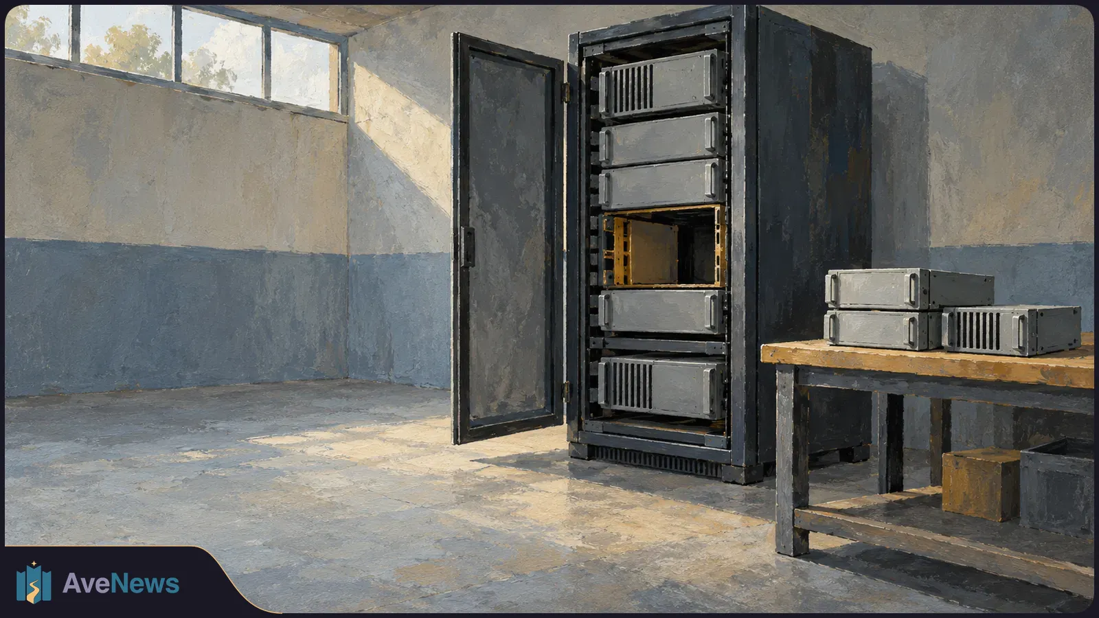 Painted server cabinet with its door open and an empty bay; several grey modules sit on a workbench in a sunlit room. SI illustration