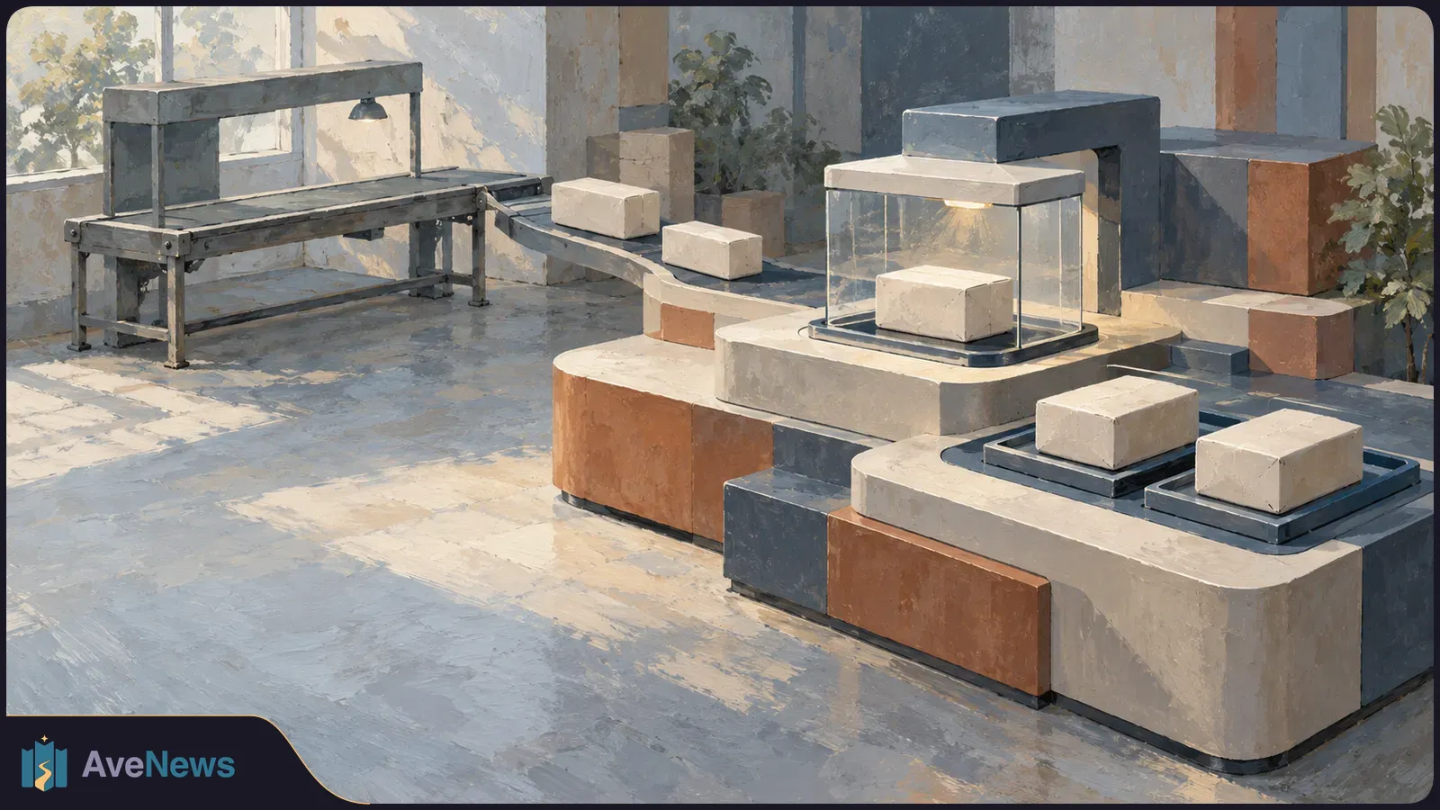 Painterly illustration of plain parcels on a conveyor and a larger station with several platforms; one parcel sits beneath a lit glass enclosure. SI illustration