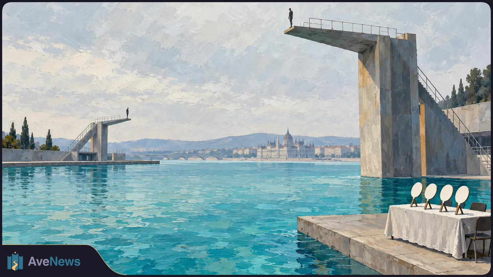 Painted scene of two silhouetted figures on high diving platforms above turquoise water. Four blank judging paddles sit on a table, with Budapest’s Parliament in the distance. SI illustration
