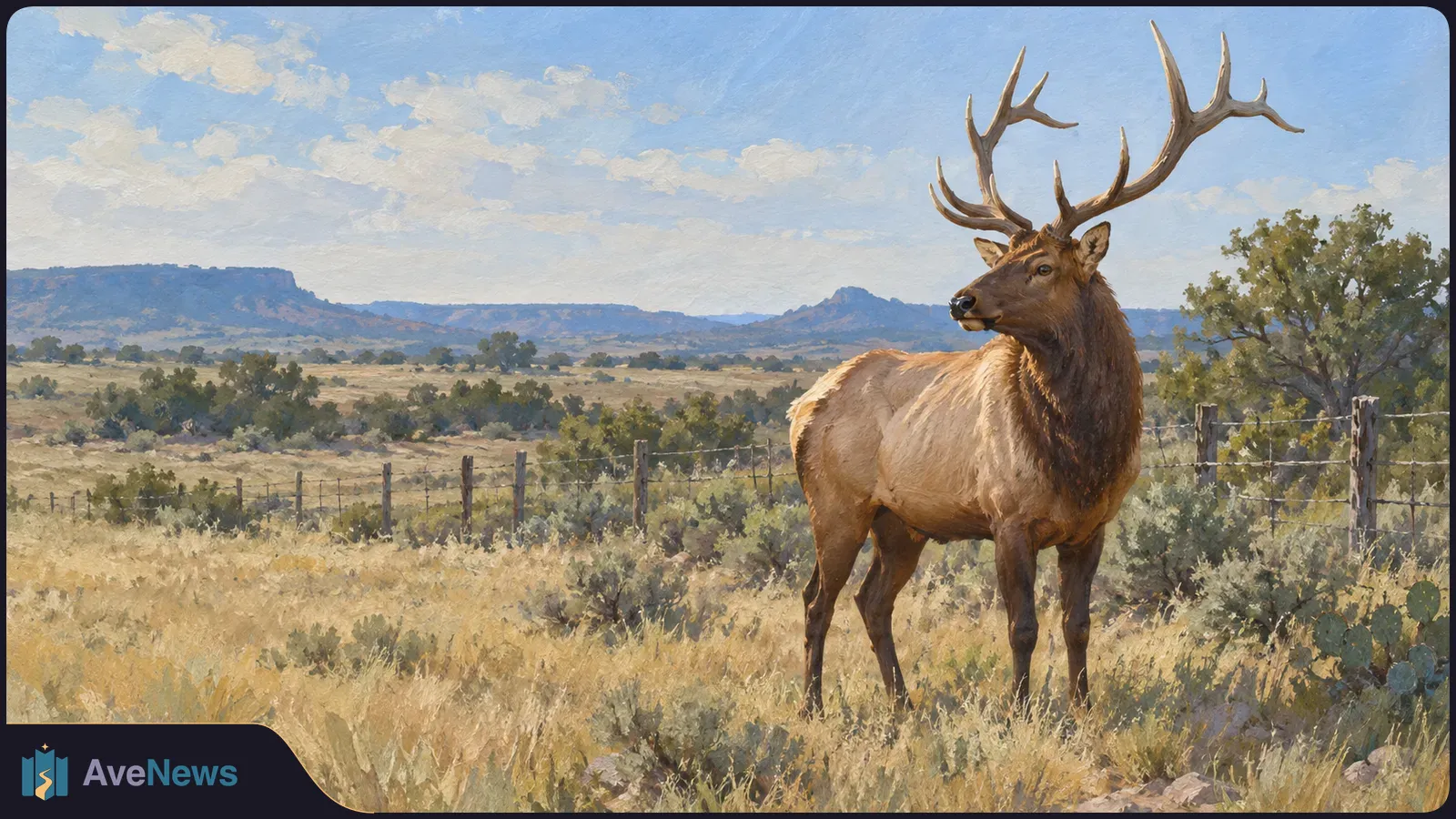 Painted scene of a bull elk standing in dry grass beside a wire fence, with shrubs, distant mesas and a partly cloudy sky. SI illustration