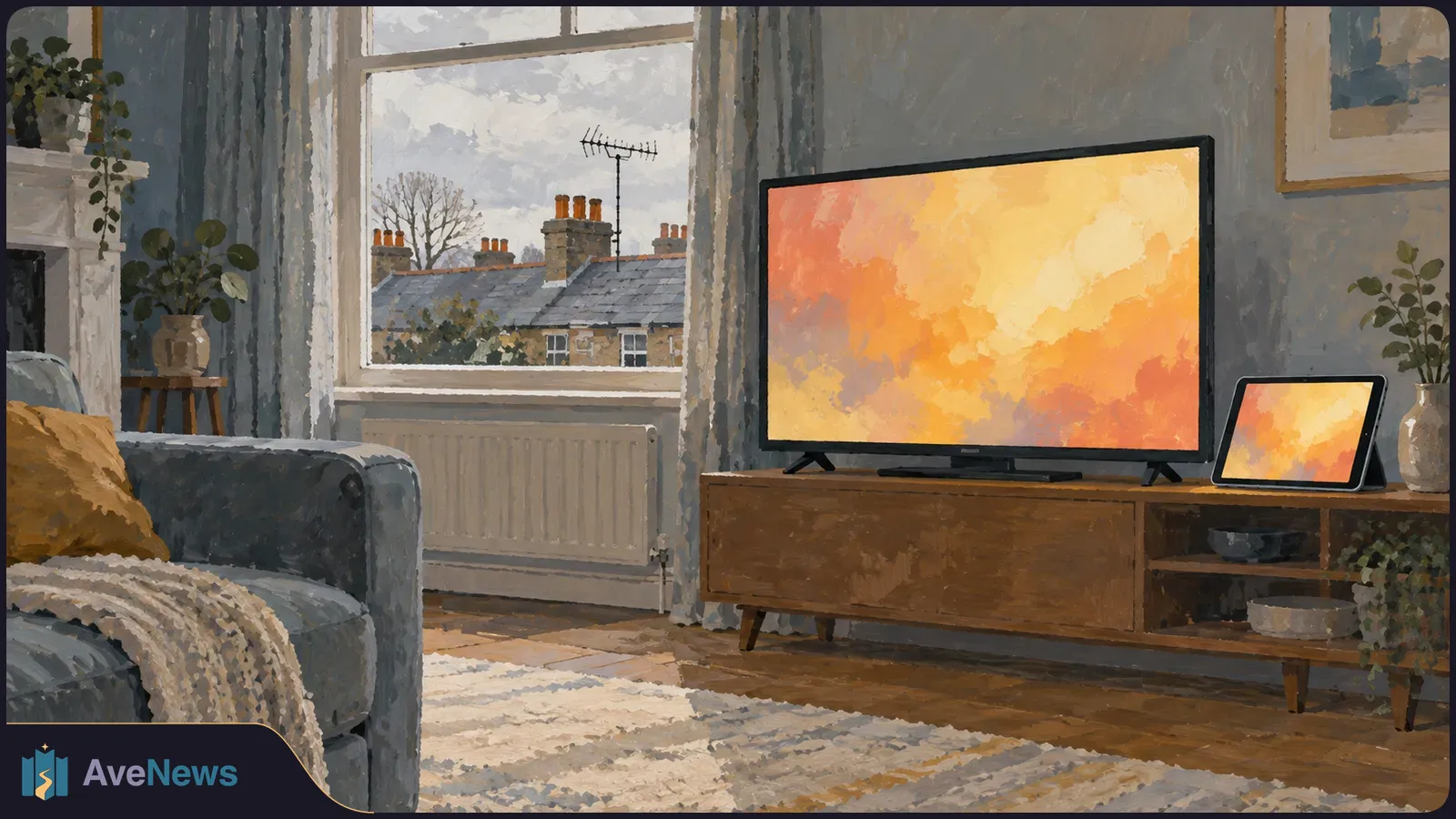 Painted living room with a sofa, a television and a tablet showing orange abstract images, and rooftops visible through a window. SI illustration