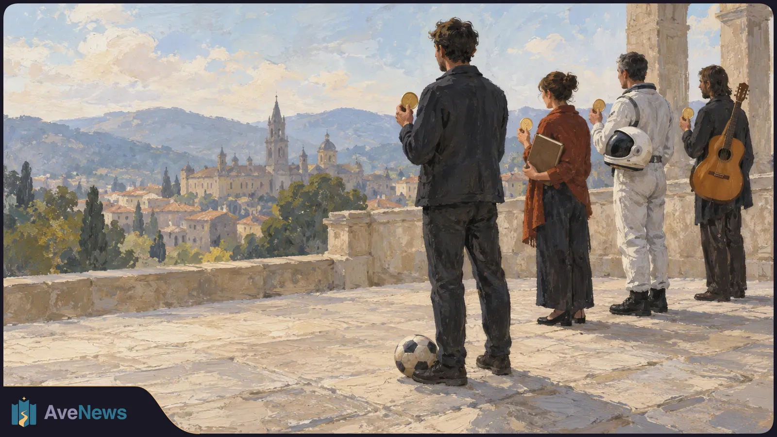 Painterly scene of four people holding gold medals on a stone terrace overlooking a town and mountains. One carries a book, one a helmet and one a guitar; a football rests nearby. SI illustration
