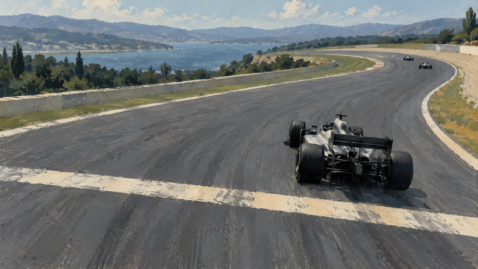 A painterly illustration of three open-wheel race cars on a curving track beside a lake, with wooded hills and mountains in the distance. SI illustration