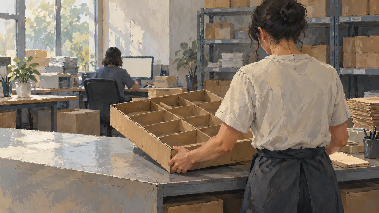 Painterly illustration of a person holding a divided cardboard tray in a sunlit workspace, with another person at a computer and boxes on shelves. SI illustration