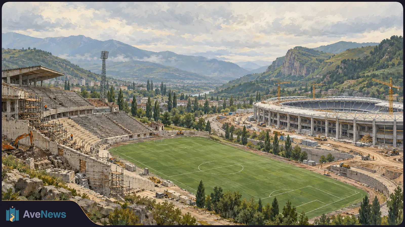 Illustrated view of a football field beside unfinished concrete stands, with another stadium under construction, cranes, and mountains beyond. SI illustration