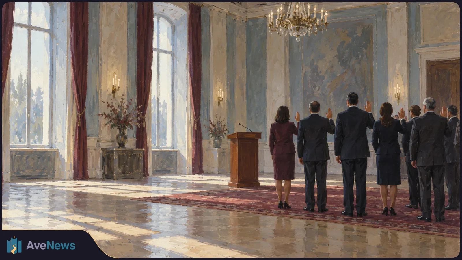 Painterly illustration of formally dressed people seen from behind, raising their right hands beside a lectern in a sunlit hall with a chandelier. SI illustration