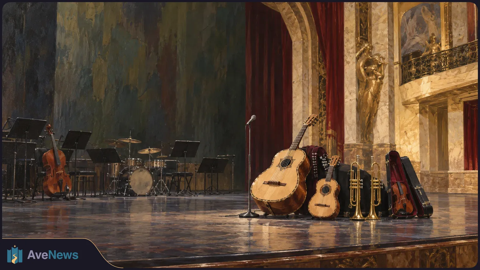 On an ornate concert stage, guitars and trumpets stand beside a microphone, with a cello, drum kit and music stands behind them. SI illustration