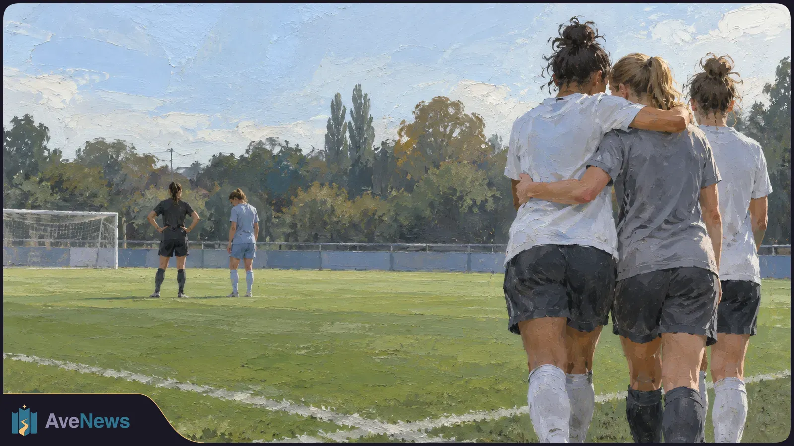 Painterly illustration of football players on a grass pitch. Two players walk with arms around each other; a goal and two more players are in the distance. SI illustration