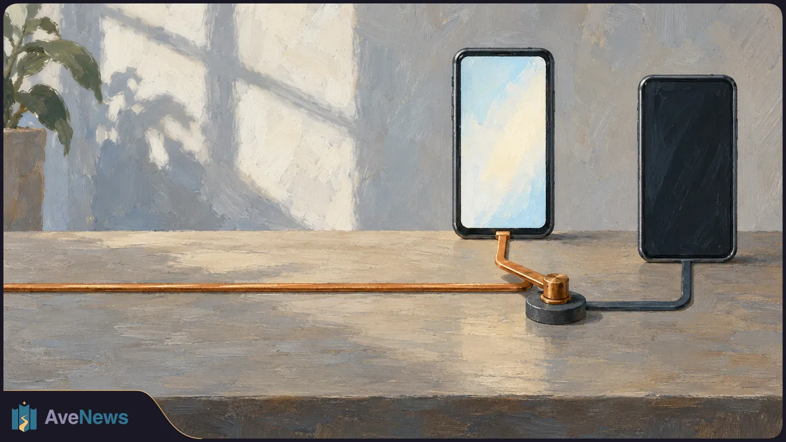 Painterly illustration of two upright smartphones on a tabletop, one with a pale screen and one dark, linked by gold and black lines. A potted plant sits at the left. SI illustration