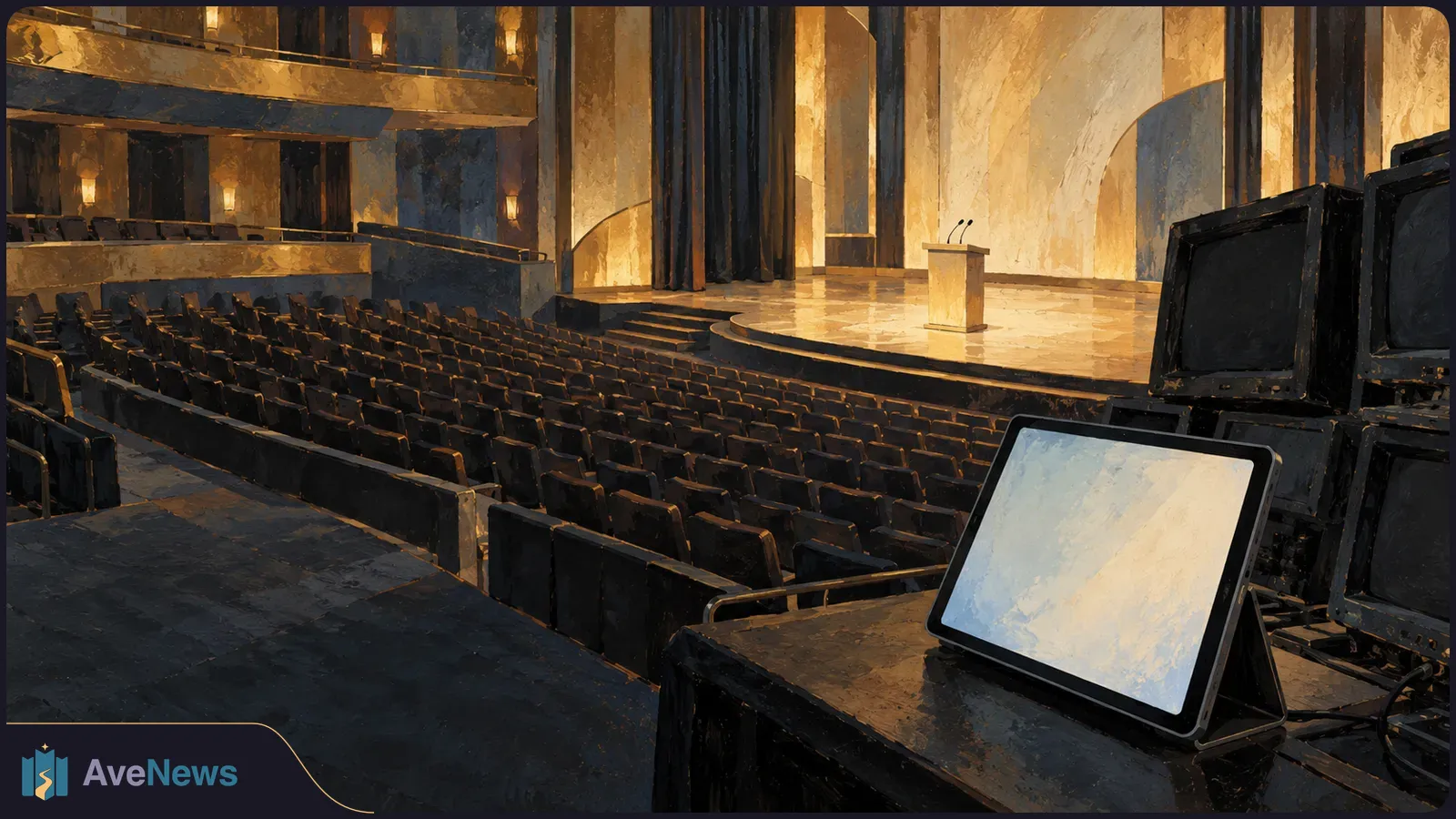 Painted view of an empty theater with rows of seats, a lit stage and lectern, and dark monitors beside a blank tablet screen in the foreground. SI illustration