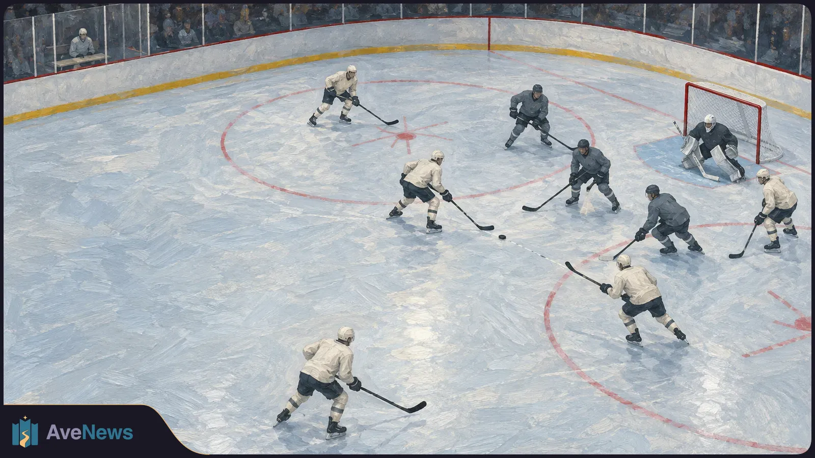 Painted overhead view of an ice hockey game, with players in cream and dark gray uniforms converging near a puck and a goalie guarding the net. SI illustration