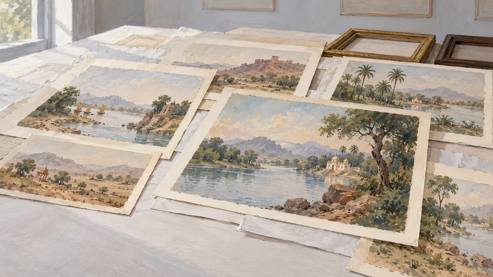 Landscape paintings of rivers, mountains and trees are spread across a table beside empty frames. SI illustration
