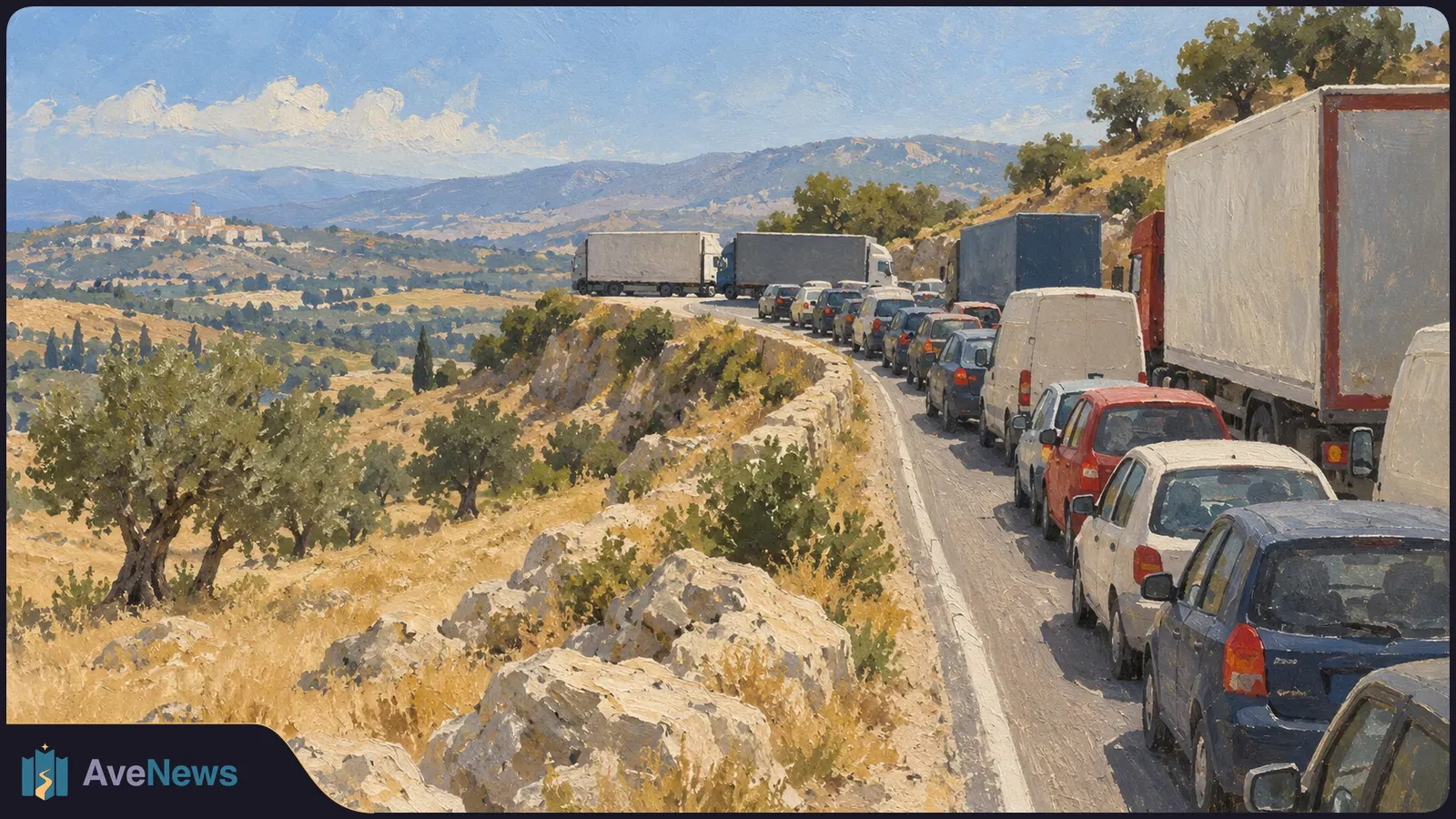 Painting of cars and lorries queued along a winding hillside road, with dry fields, trees and mountains in the distance. SI illustration