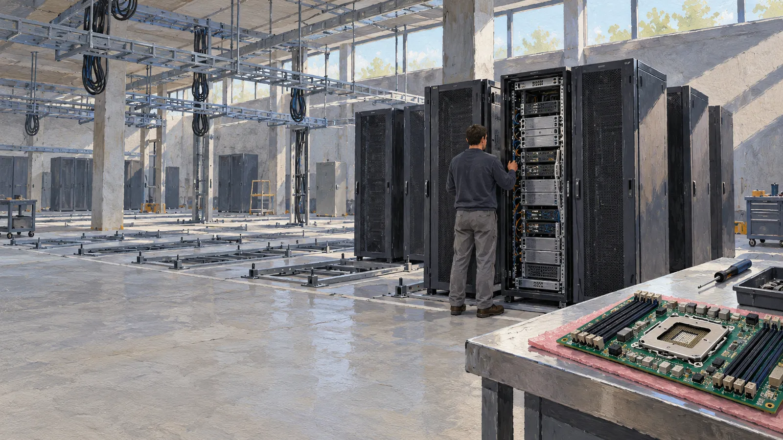 A worker stands at an open server rack in a bright industrial room, with hanging cables overhead and a computer motherboard on a foreground workbench. SI illustration
