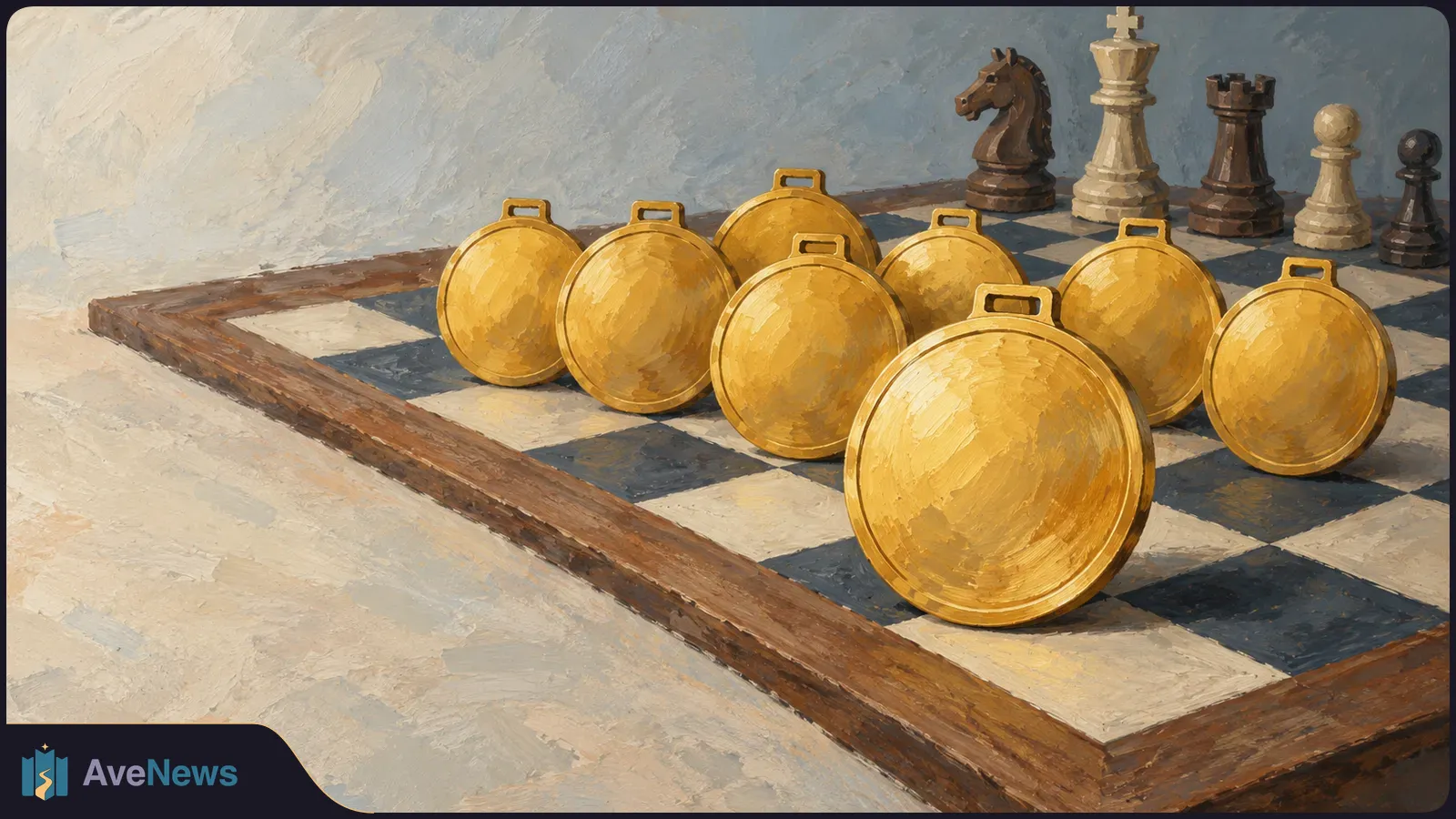 Painterly illustration of gold medals standing on a chessboard, with chess pieces lined up behind them. SI illustration