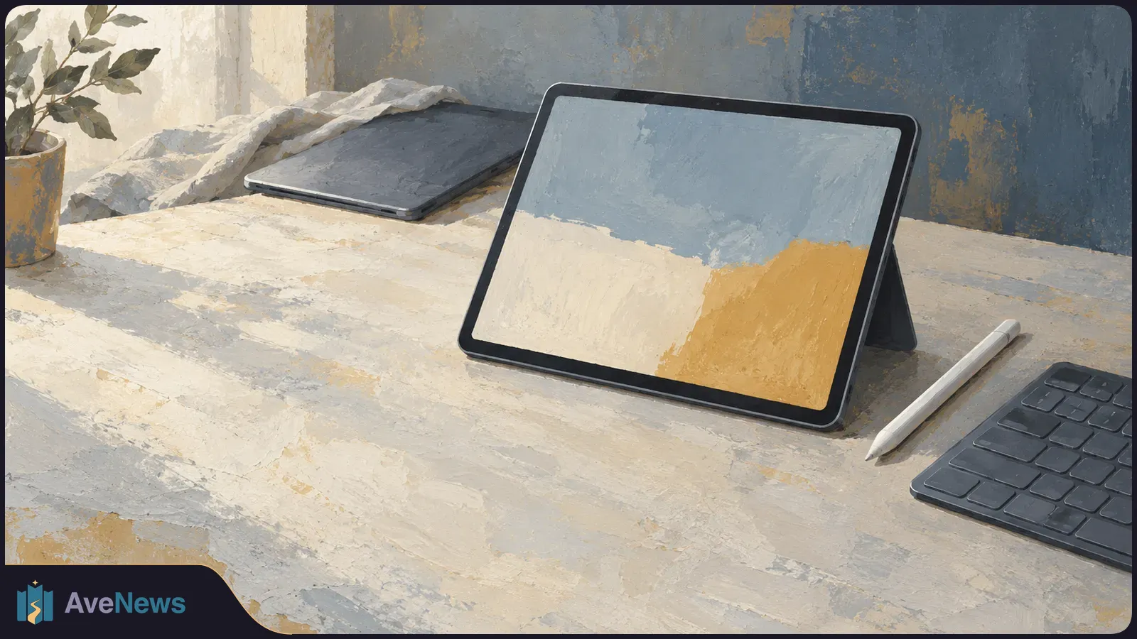 Painted illustration of a tablet on a desk, its screen showing broad blue, cream and ochre colour fields, with a stylus and keyboard beside it. SI illustration