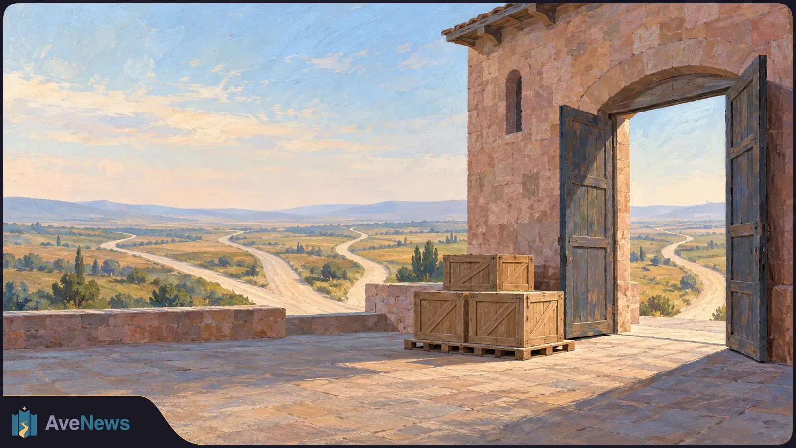 A painted scene shows wooden crates beside an open stone gateway, with winding roads crossing fields toward distant hills. SI illustration