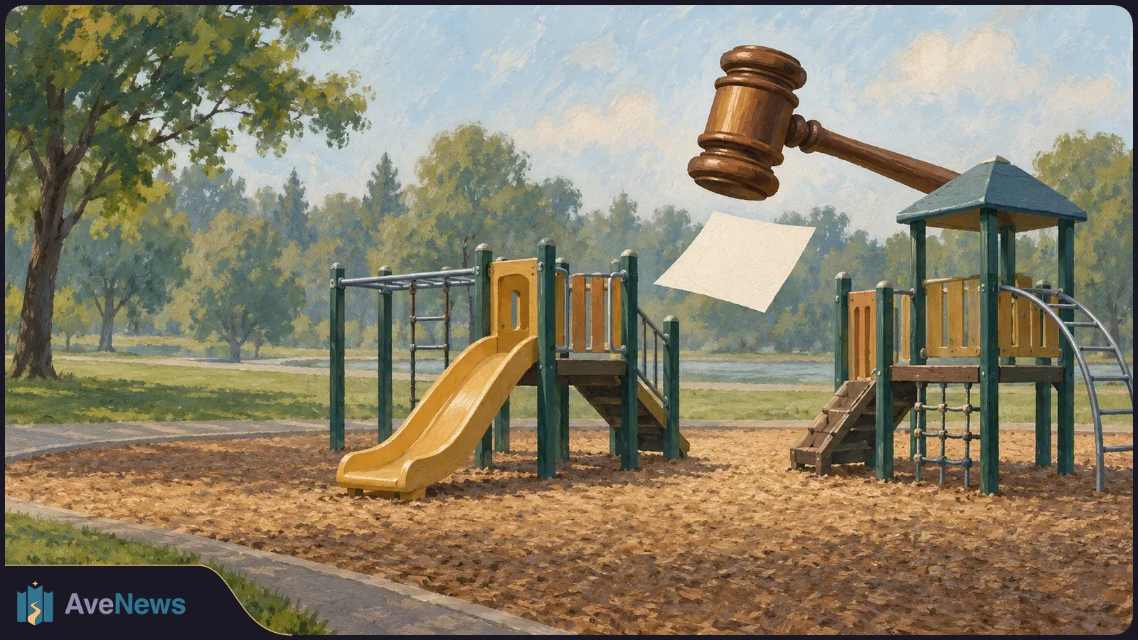 Painted scene of an empty playground with yellow slides and climbing frames, a large wooden gavel above it, and a blank white sheet floating nearby. SI illustration