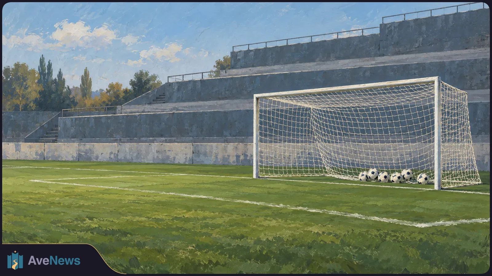 Painted football pitch with an empty concrete stand behind a goal; six balls rest inside the net. SI illustration
