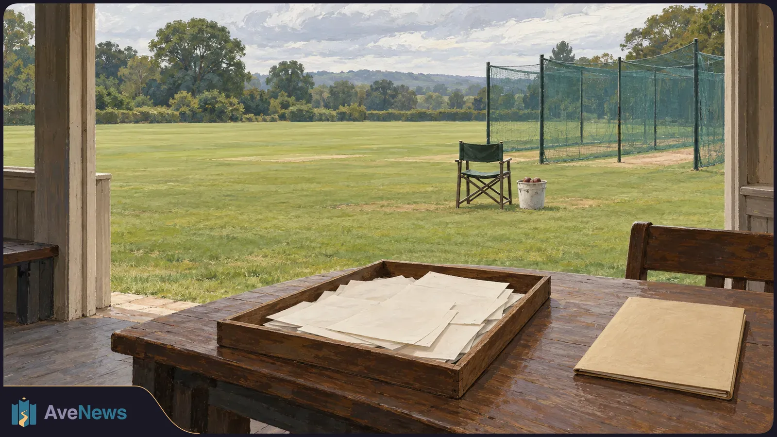 Blank papers and a folder sit on a wooden table overlooking a grassy cricket ground with practice nets, an empty chair and a bucket of balls. SI illustration