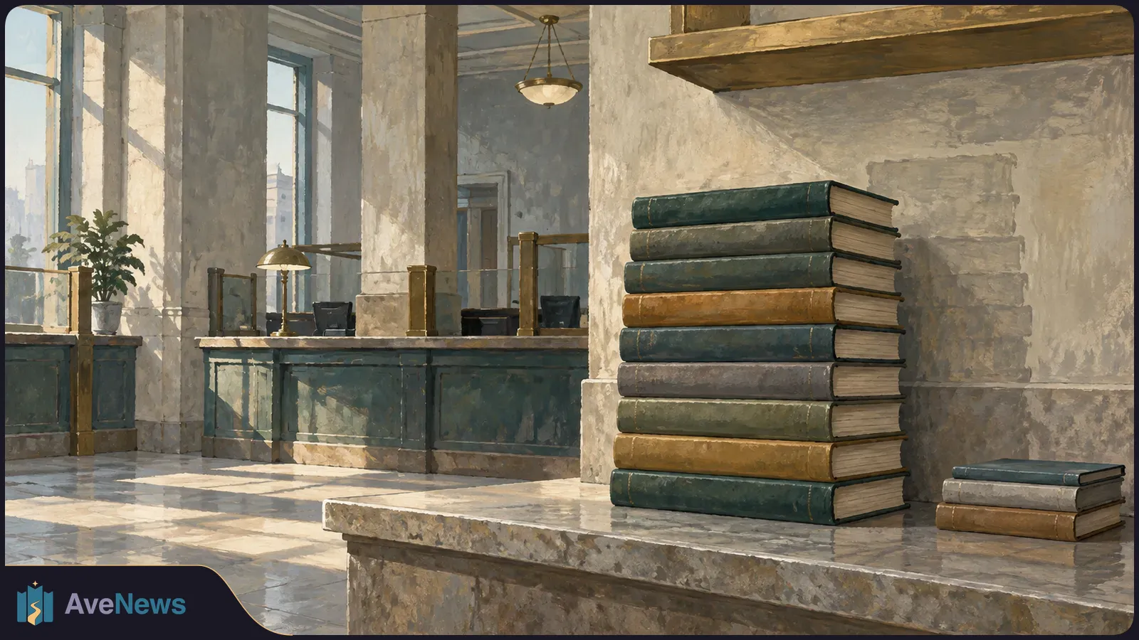 A tall stack of closed, unmarked books sits on a marble counter in a sunlit hall with service desks and tall windows. SI illustration