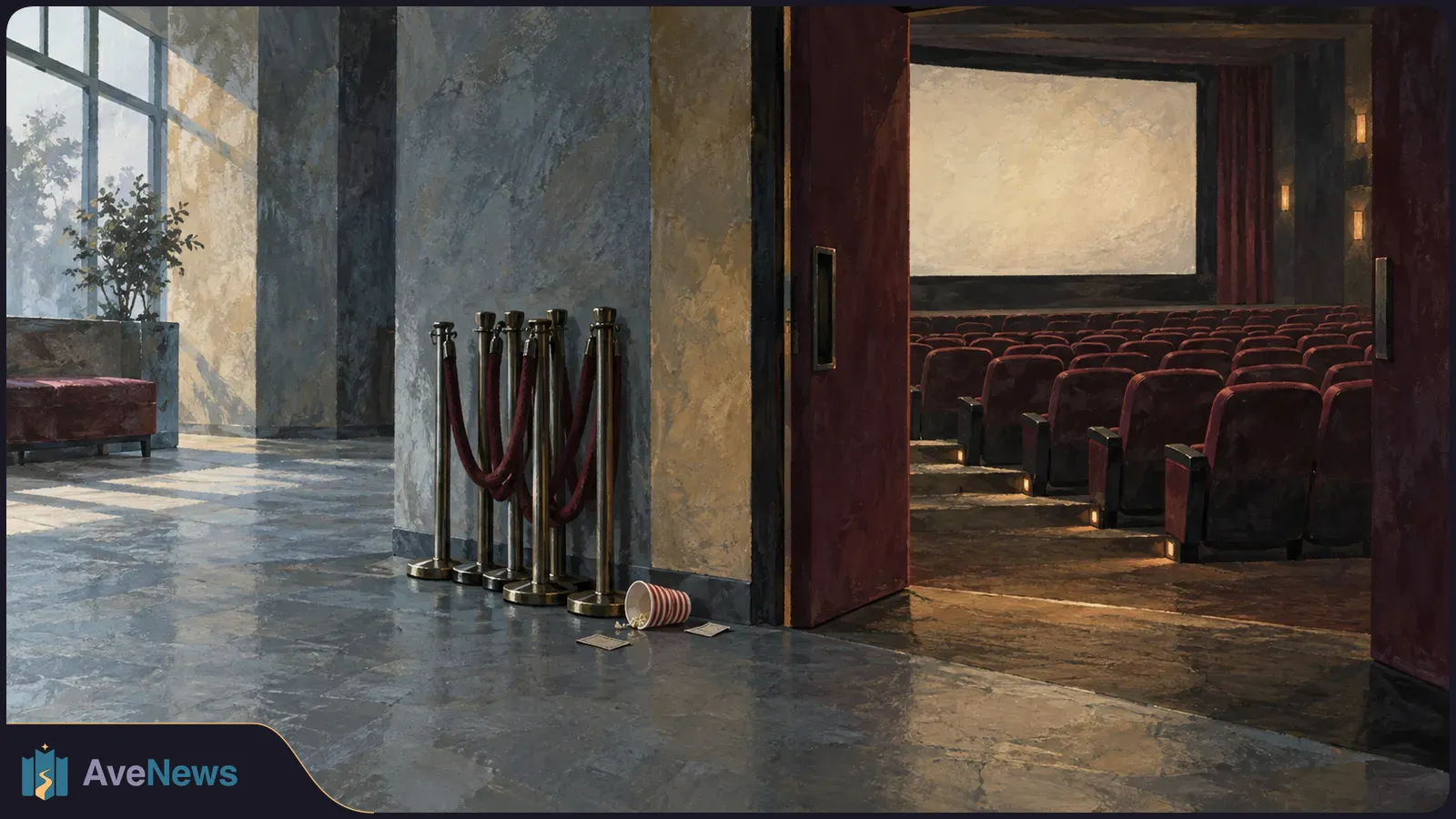 A painted cinema lobby opens onto an empty screening room with rows of red seats and a blank screen. A tipped popcorn cup and small paper slips lie by the doorway. SI illustration