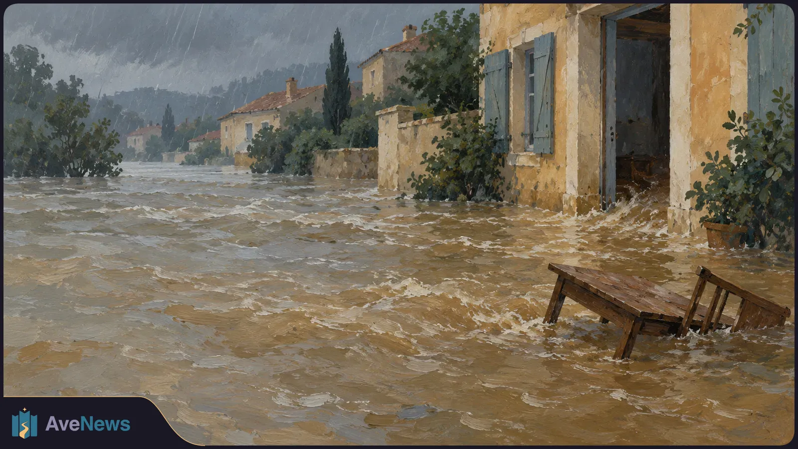 Painting of muddy floodwater rushing past houses with blue shutters in heavy rain; a wooden table and chair are partly submerged. SI illustration