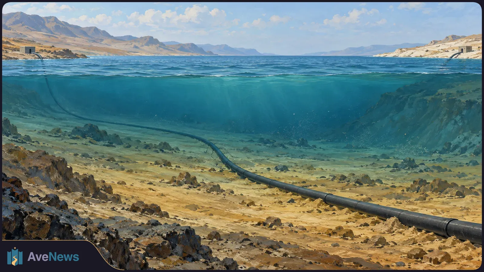 Painted cutaway of a blue sea between dry, mountainous shores, with a thick dark cable crossing the rocky seabed toward small shore structures. SI illustration