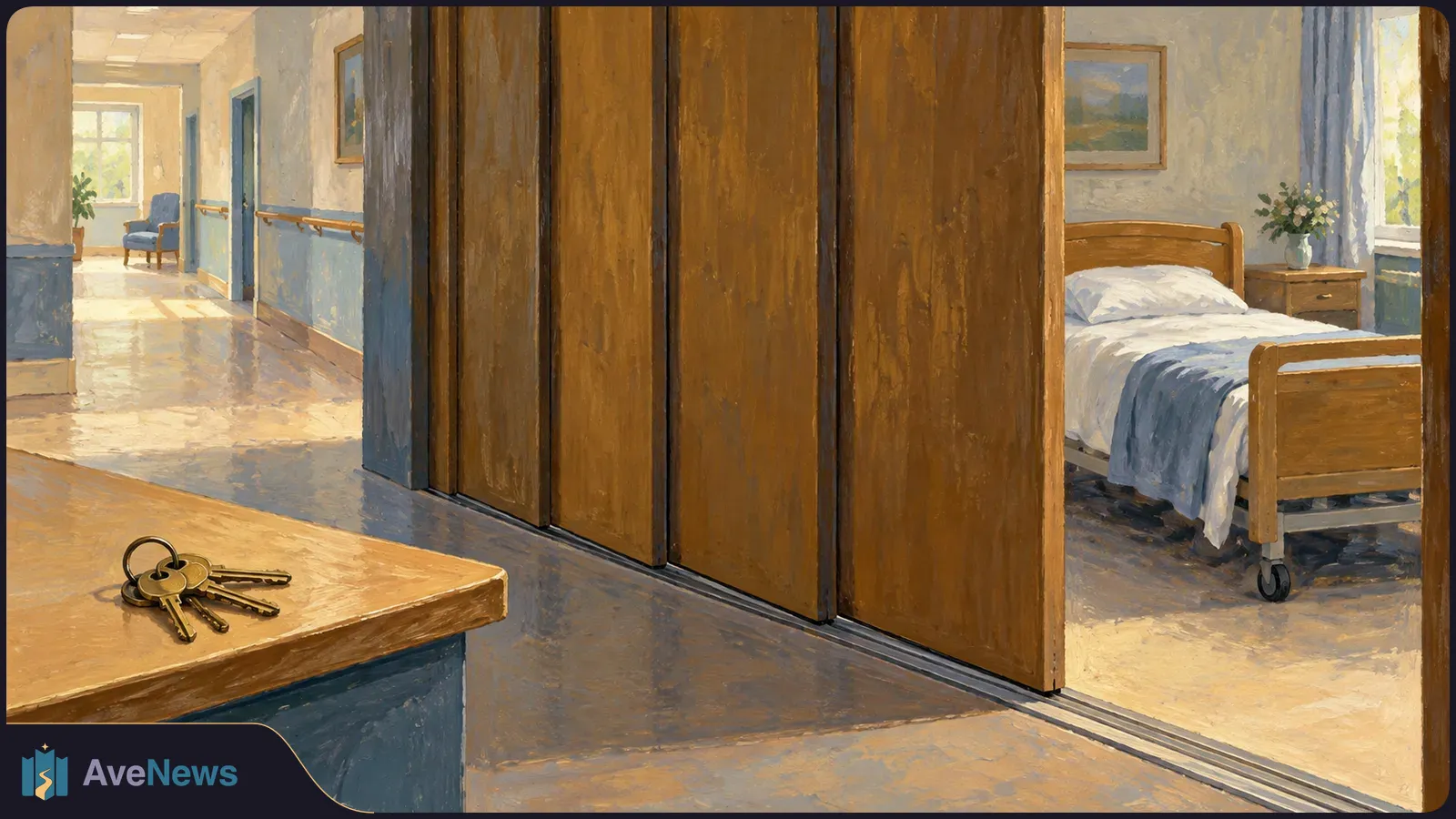 Painterly illustration of keys on a wooden counter beside a corridor. An open wooden partition reveals a neatly made bed in a sunlit room. SI illustration