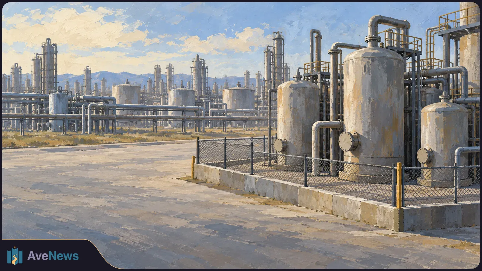 Painterly view of an industrial plant with large tanks, pipes and towers behind a chain-link fence, beside an empty paved road under a cloudy sky. SI illustration