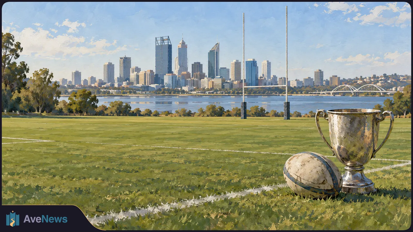 A rugby ball and silver trophy sit on a marked grass pitch, with goalposts, a river and a city skyline behind them. SI illustration