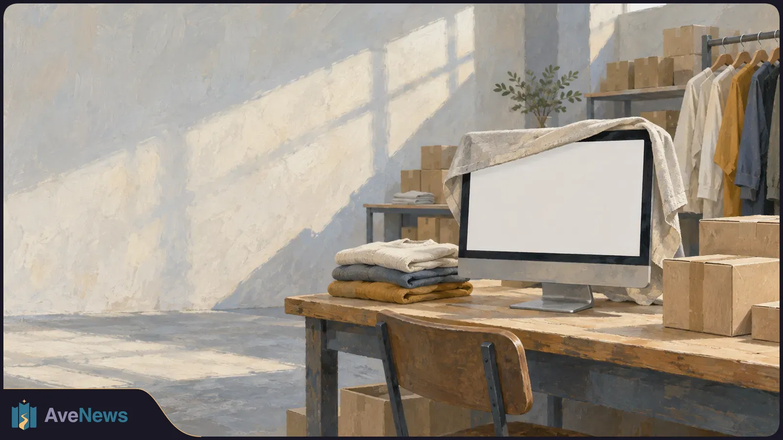 Painterly clothing workspace with a blank computer monitor on a wooden table, folded sweaters, cardboard boxes and garments on a rack. SI illustration