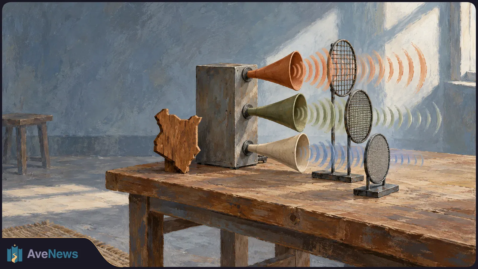 Painted illustration of three colored horns sending wave patterns through mesh screens of different sizes on a wooden table, with a carved wooden shape beside them. SI illustration