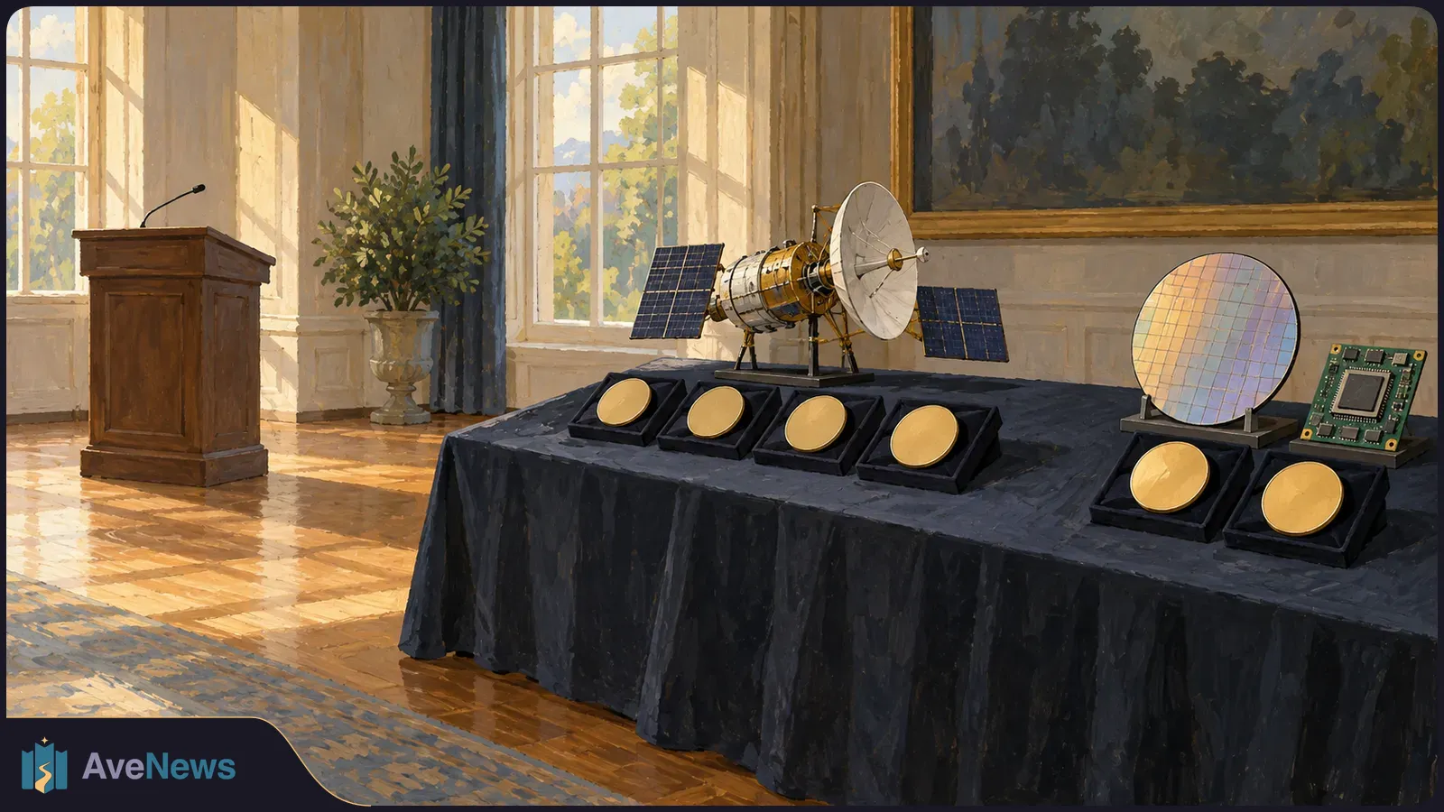 In a sunlit room, six gold medal-like discs are displayed on a draped table beside a model satellite, a silicon wafer and a circuit board; an empty lectern stands nearby. SI illustration
