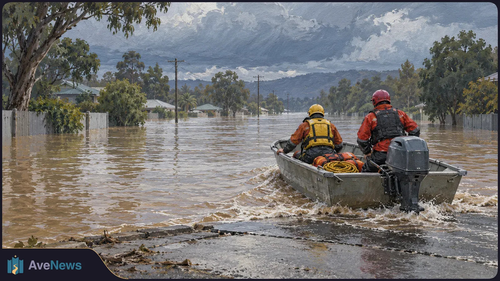 Painting of two helmeted rescue workers in a motorboat on a flooded residential street, with submerged fences, trees and houses under dark clouds. SI illustration