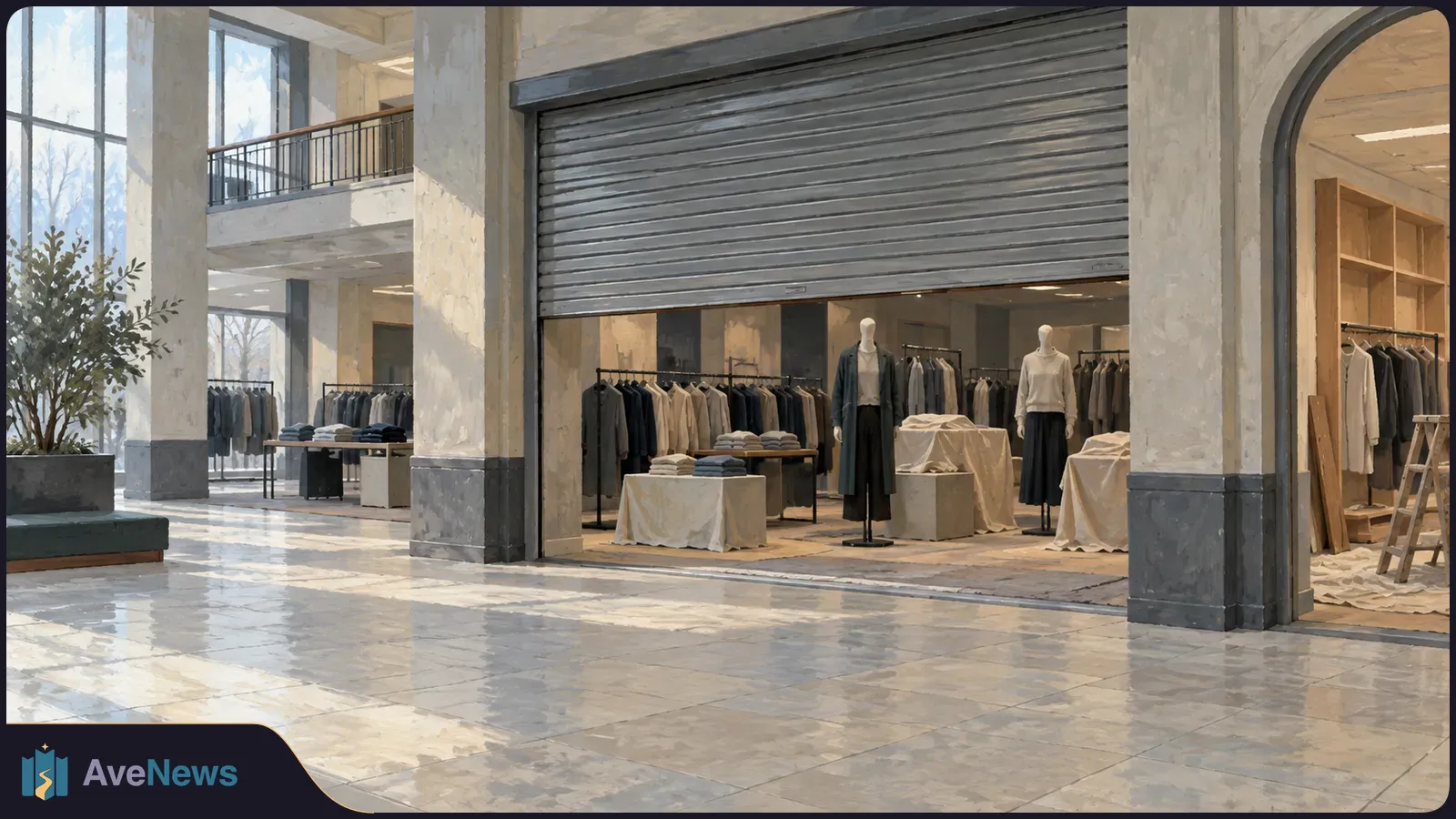 A partly lowered metal shutter fronts a clothing store in a bright shopping hall. Mannequins, garment racks and covered displays are visible inside. SI illustration