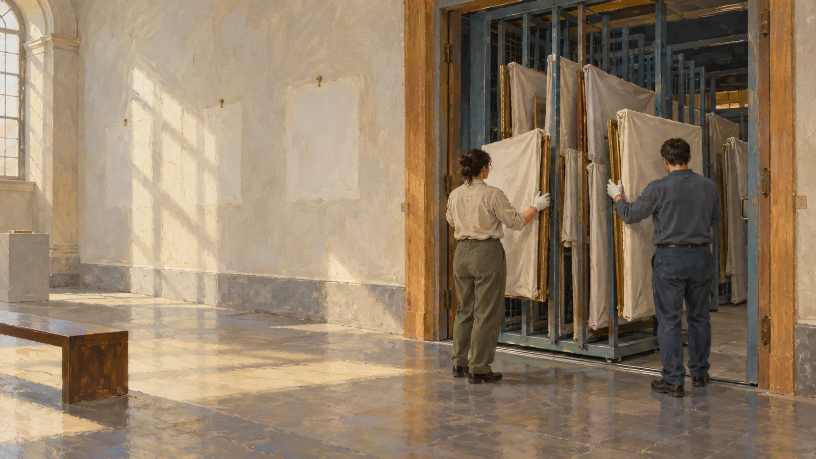 In a sunlit gallery, two gloved people handle cloth-covered frames on a metal storage rack beside an empty wall. SI illustration