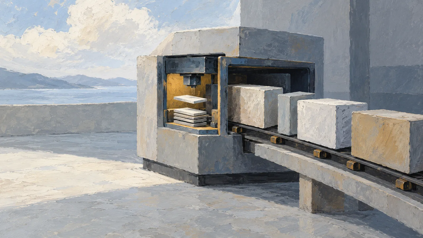 A painted industrial machine holds a stack of thin slabs beside large blocks on a conveyor, with water and mountains in the distance. SI illustration