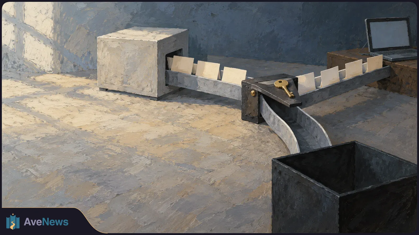 Painted scene of blank cards on a metal conveyor beside a pale box and a dark bin, with a brass key on the mechanism and an open laptop in the background. SI illustration
