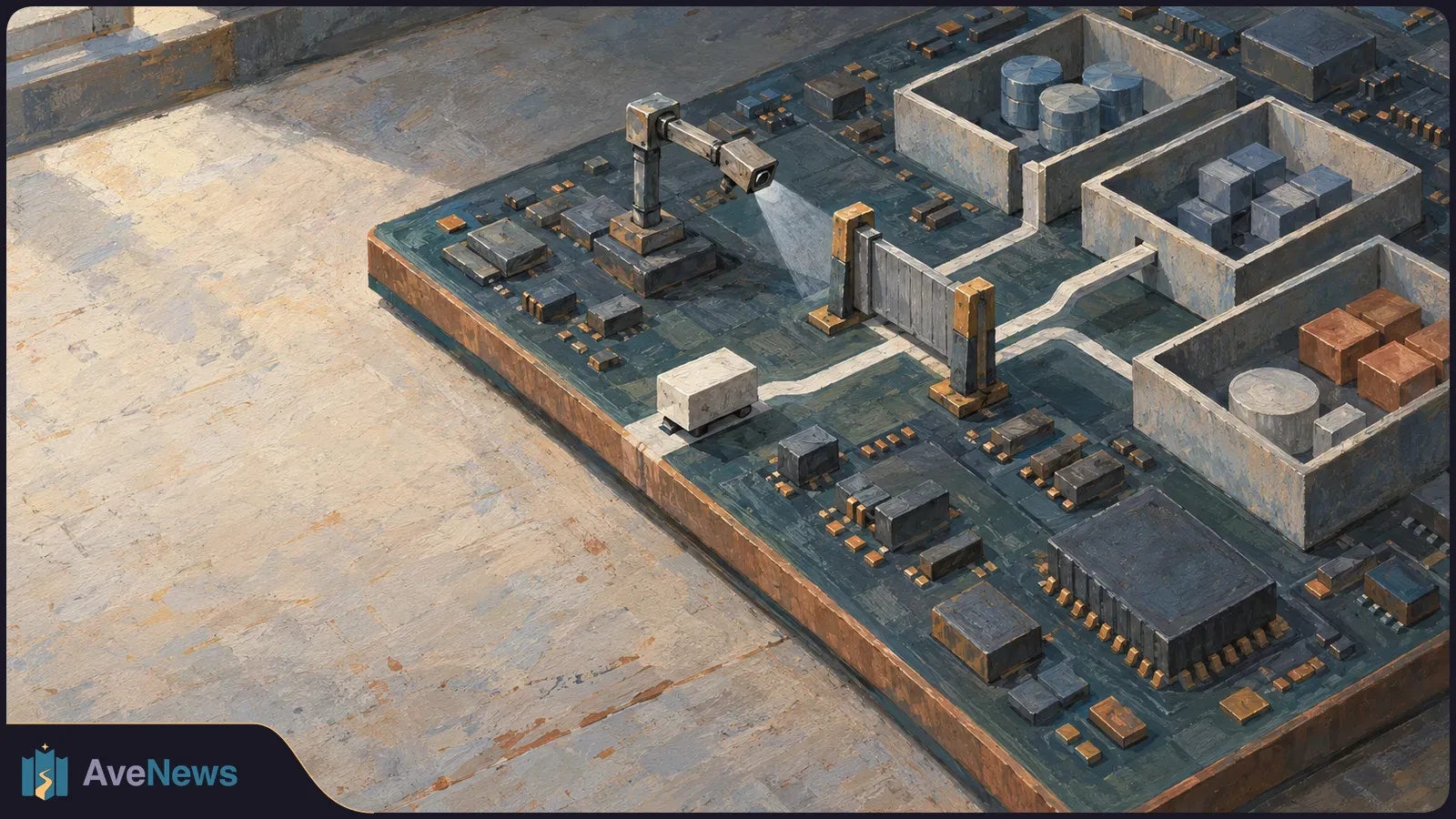 Painted circuit board with walled compartments, a barrier across a pathway, and a camera aimed at the barrier. SI illustration