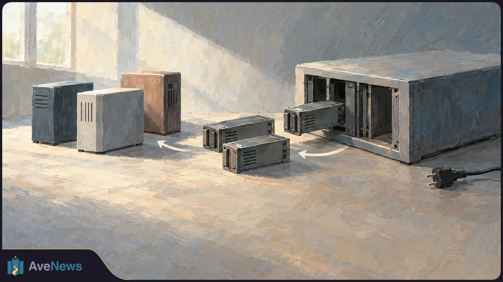 Painterly illustration of a large server cabinet with modules pulled out, three smaller cabinets on the floor, white arrows, and an unplugged power cord. SI illustration