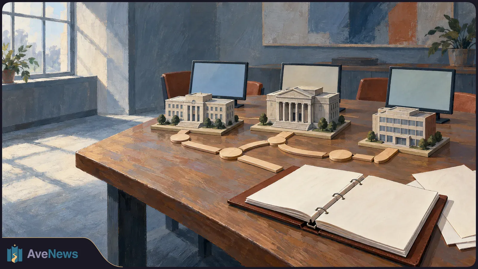 A painted meeting room scene with three miniature buildings linked by wooden paths on a table, blank monitors behind them and an open blank binder in front. SI illustration