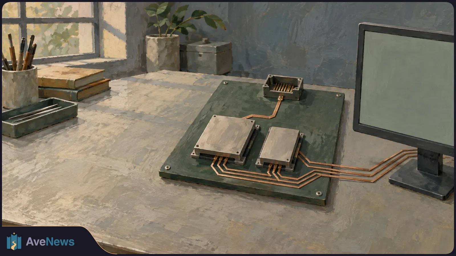 Painterly illustration of two metal chips on a circuit board connected to a blank monitor, on a desk beside books, pencils and a window. SI illustration