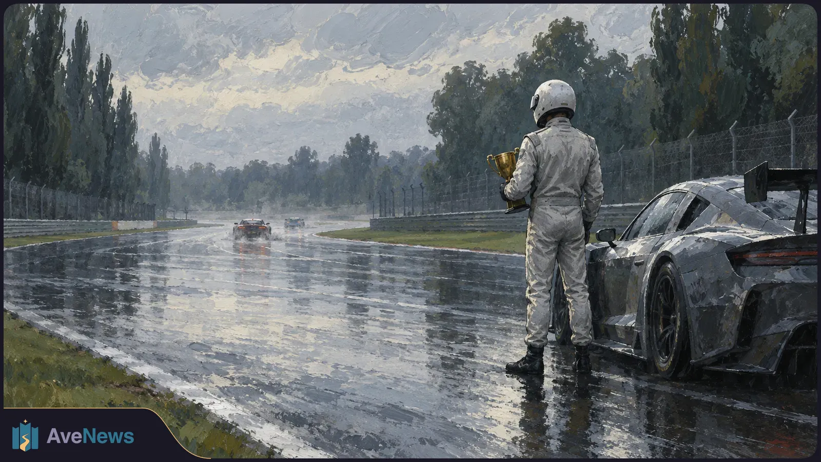 Painted scene of a helmeted driver holding a trophy beside a race car on a rain-soaked track, with two cars in the distance. SI illustration