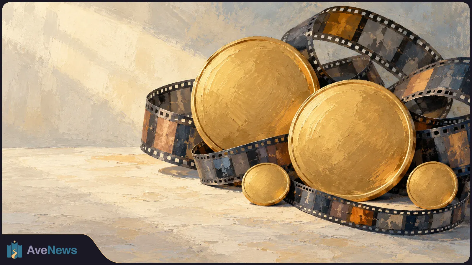 Illustration of four blank gold medallions among curling film strips on a pale, textured surface. SI illustration