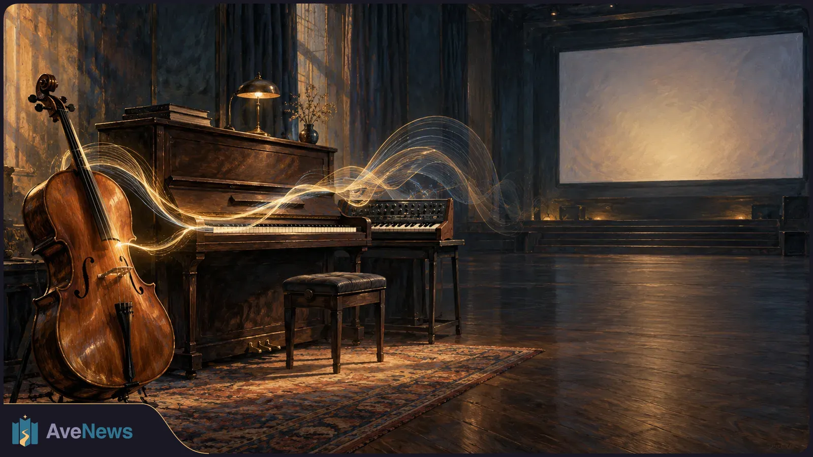A cello stands beside an upright piano and small synthesizer in a dim room, while glowing gold and blue ribbons sweep toward a blank screen. SI illustration