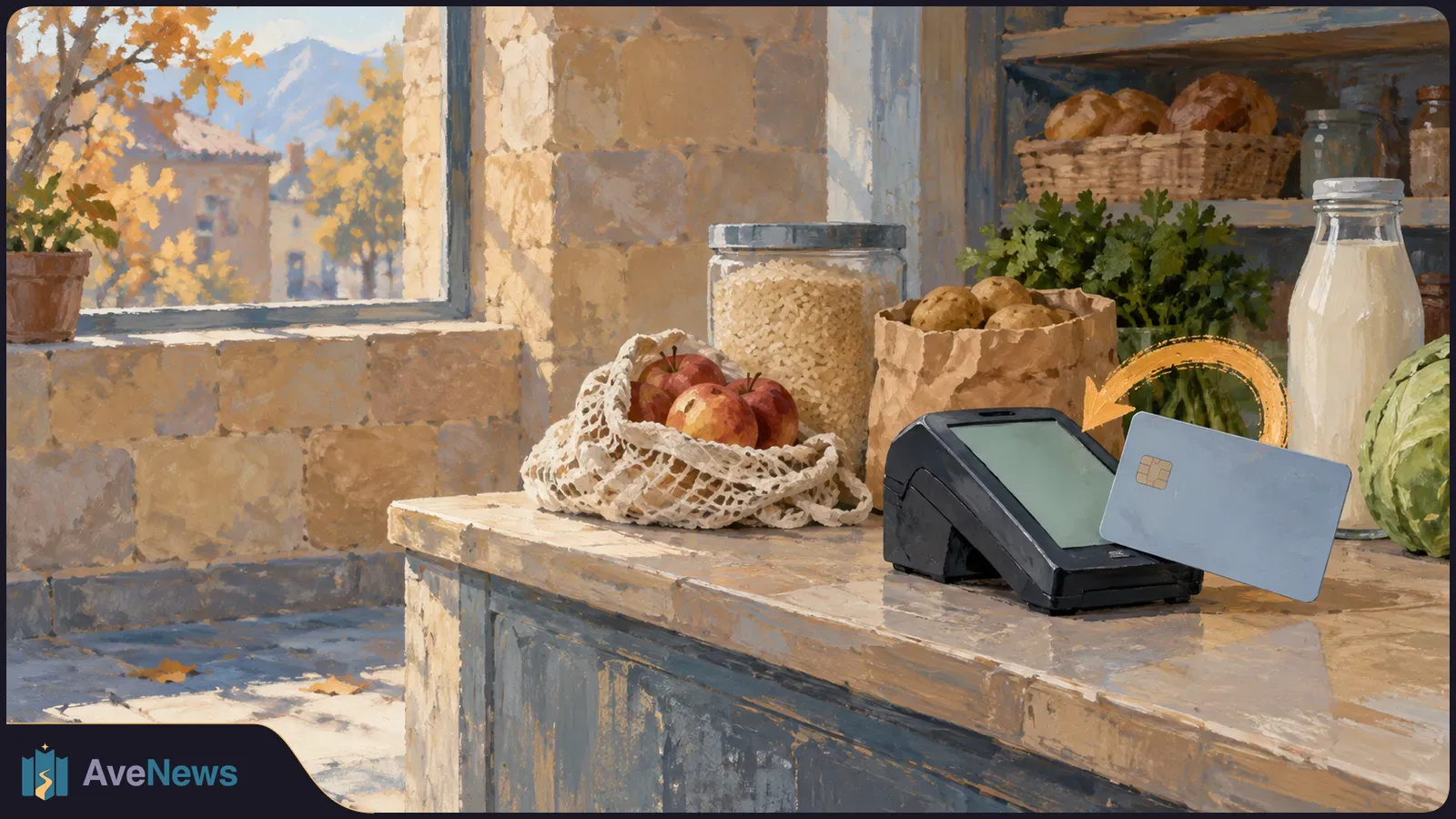 Painted grocery counter with apples, bread and vegetables beside a payment terminal and blue card; a curved gold arrow points toward the terminal. SI illustration